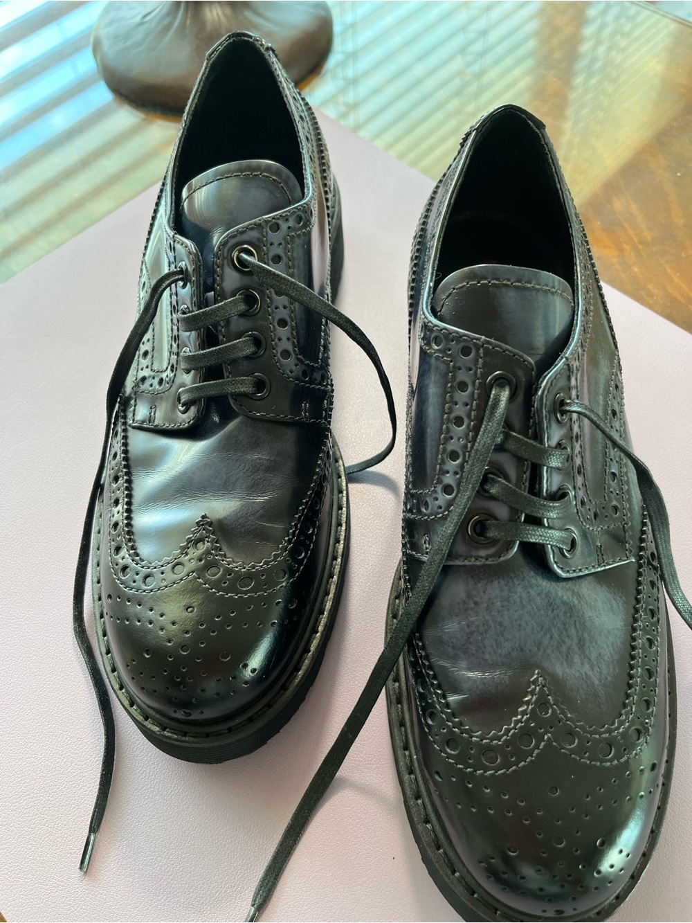 Prada Black Leather Women's Brogue Lace-Up Flats